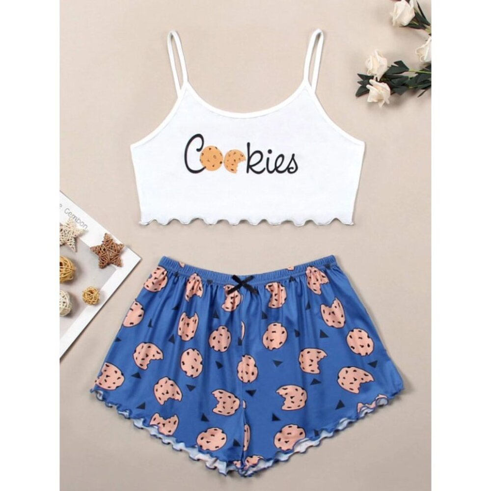 Cookies Graphic Blue Pajama Set | Cami + Shorts | Lettuce Trim | Size XL